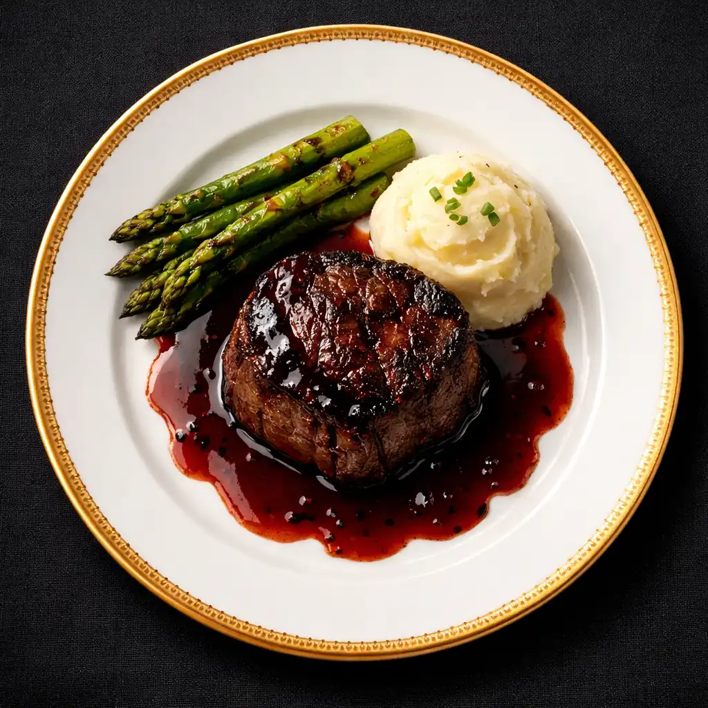 Angus bélszín vörösboros jus-vel, grillezett spárgával és burgonyapürével, arany szegélyű tányéron