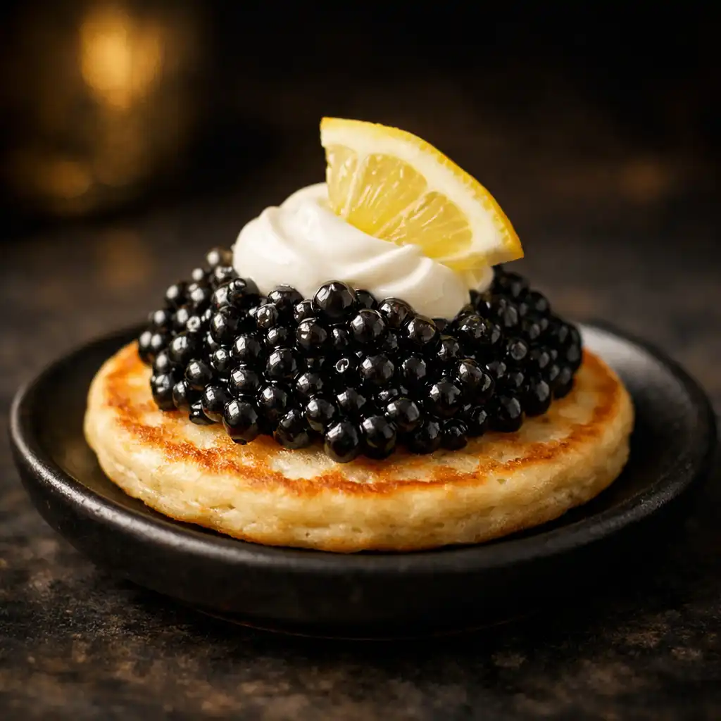 Blini fekete kaviárral, crème fraîche-sel és citromhéjjal