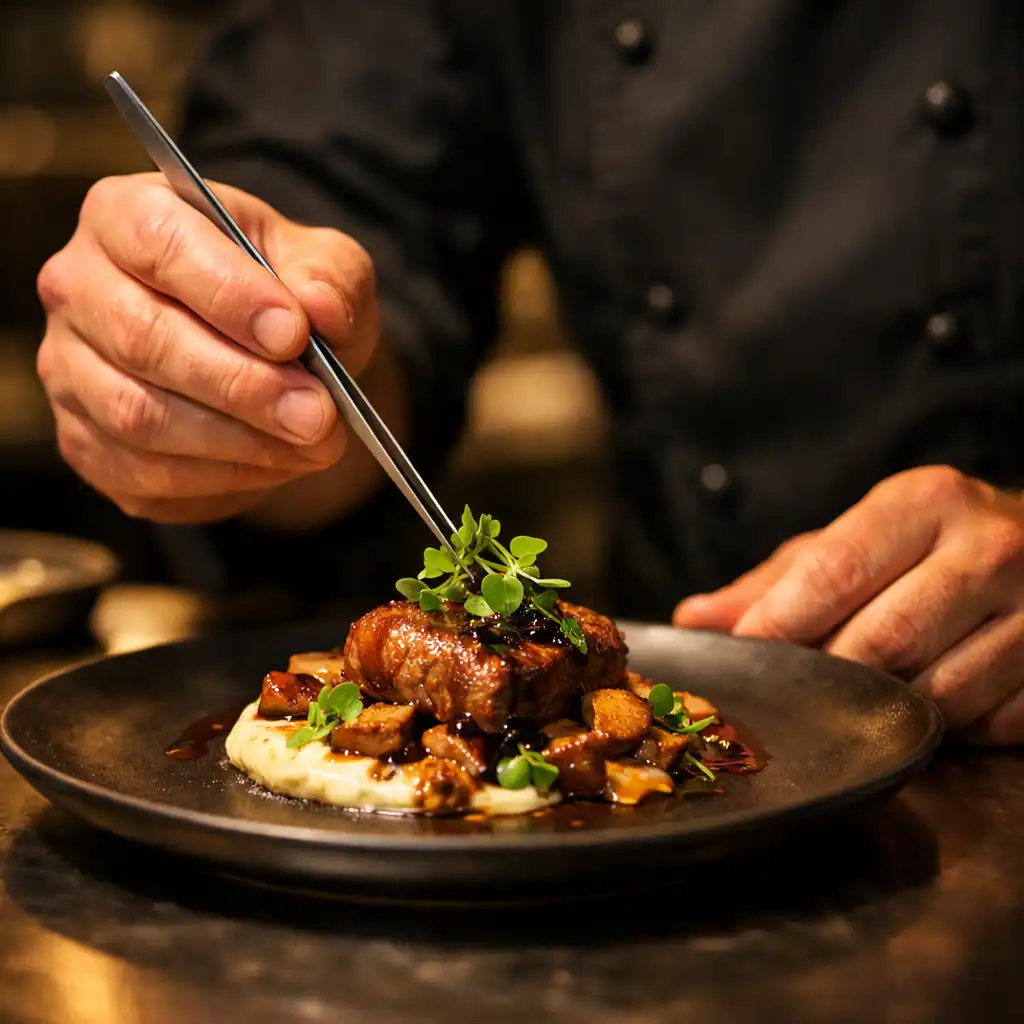 Séf gondosan tálal egy gourmet fogást, csipesz segítségével