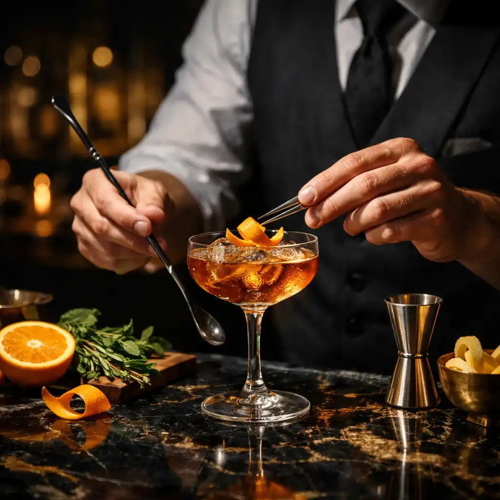Bartender friss citrusokkal és prémium alapanyagokkal dolgozik a bárpultnál