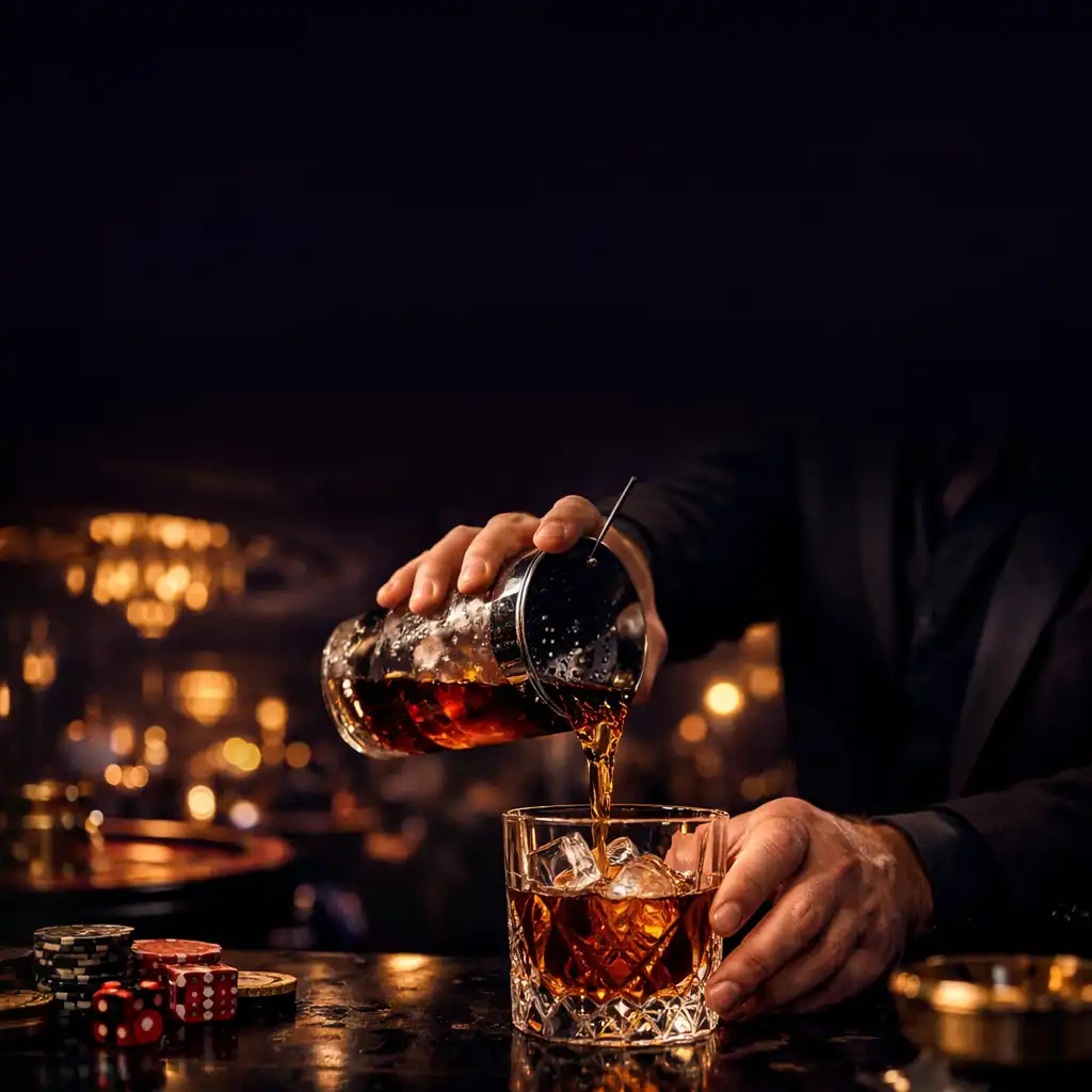 Mixológus keze prémium koktélt készít a kaszinó lounge hangulatában