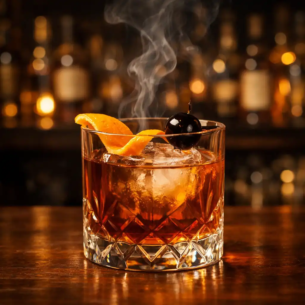 Kézműves Onyx Old Fashioned koktél kristálypohárban, nagy jégkockával, narancshéjjal és füsttel
