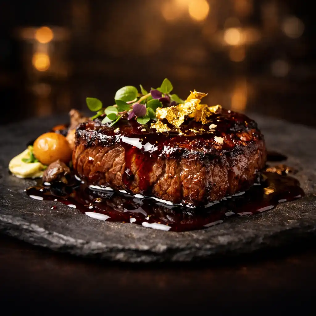 Luxus tányér, tökéletesen sült steak vörösboros redukcióval és ehető aranylevéllel, sötét, hangulatos étteremben
