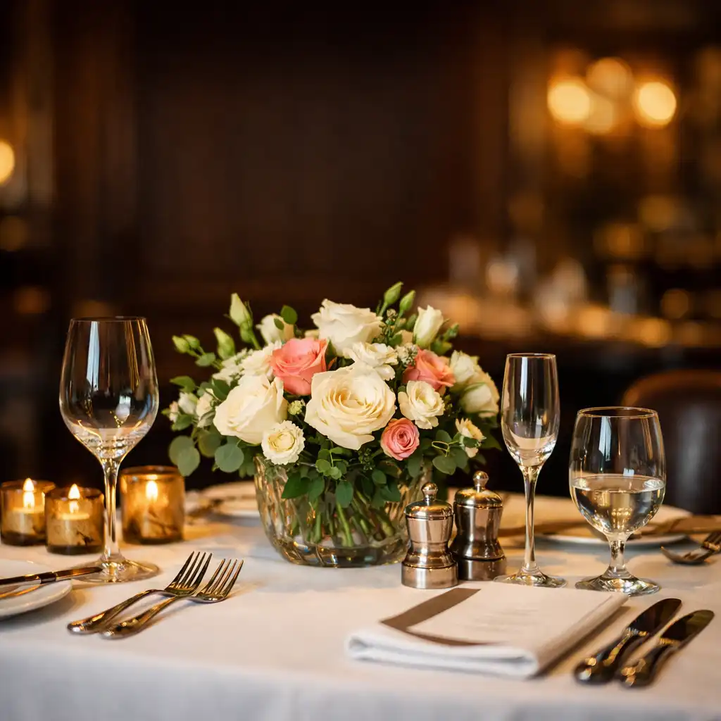Elegáns fine dining asztal terítékkel és friss virágokkal
