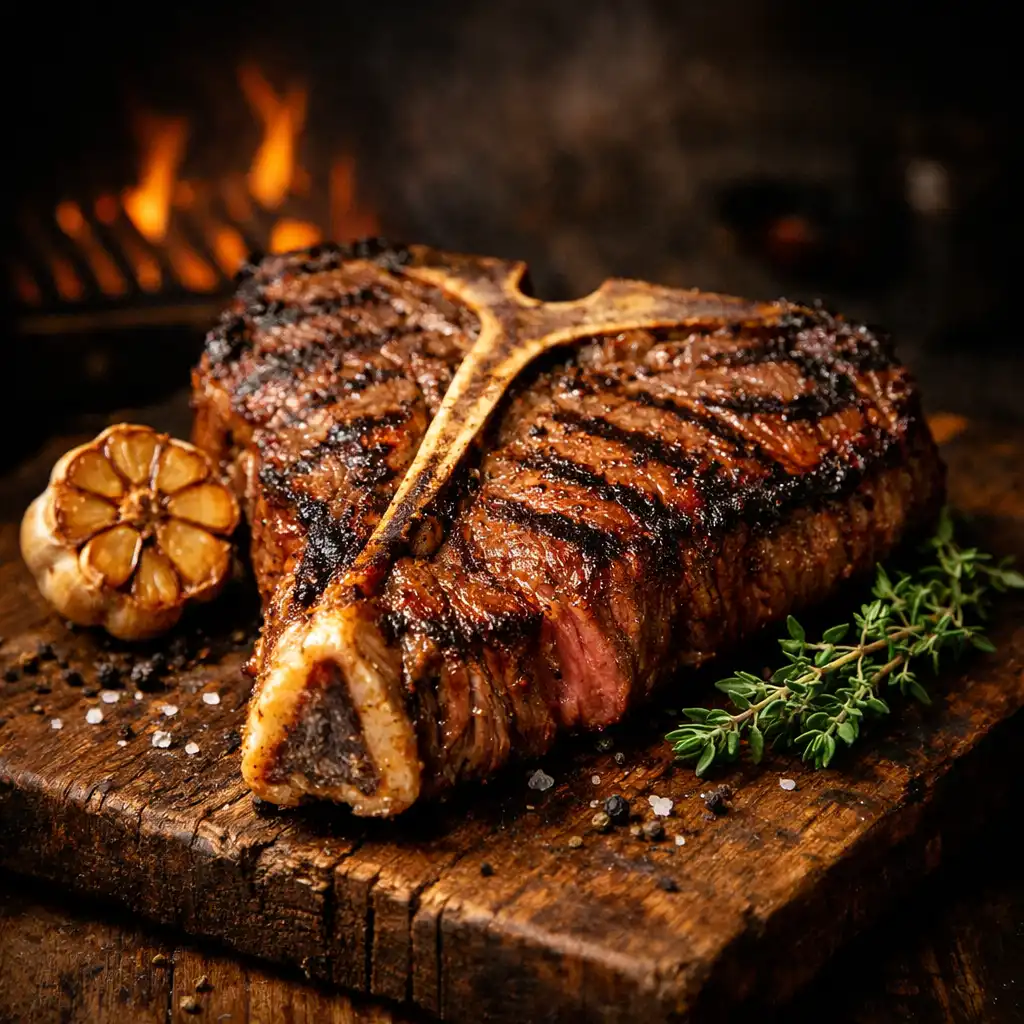 Magyar szürkemarha T-bone steak, fokhagymás vajjal és sült burgonyával, rusztikus fatálon