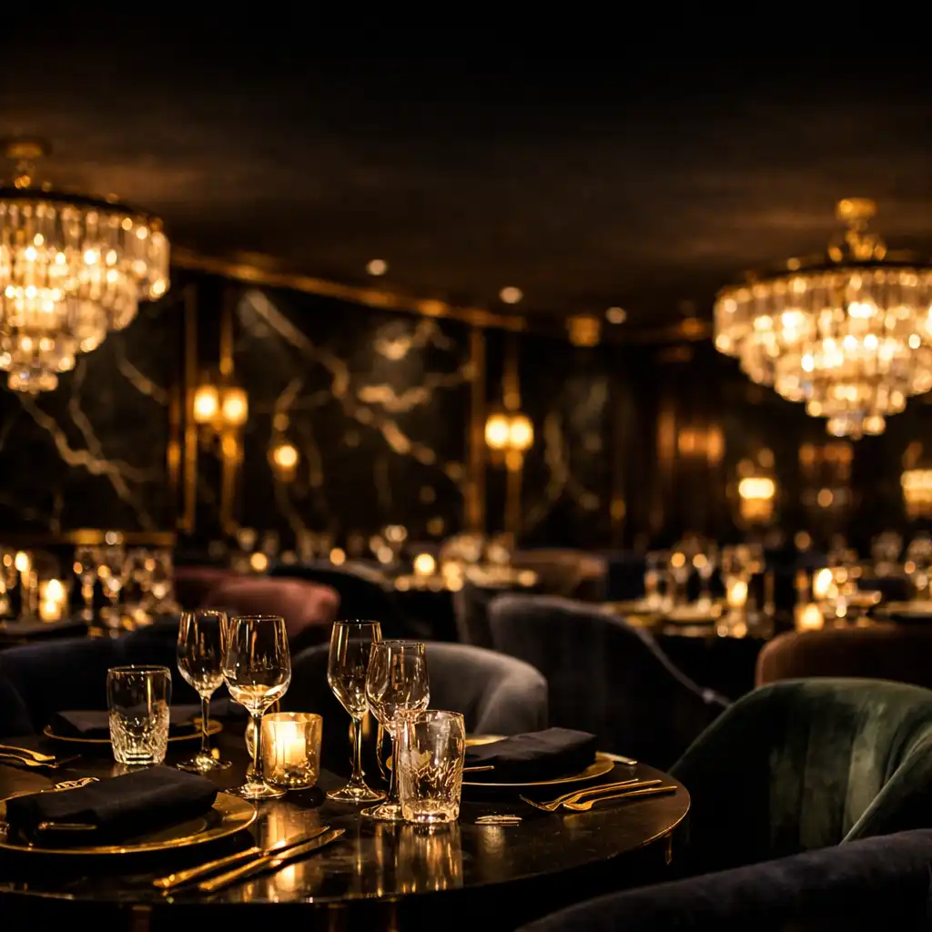 Az Etelpontk Grand Casino Restaurant elegáns étterme sötét falakkal, arany díszítéssel és kristálycsillárokkal