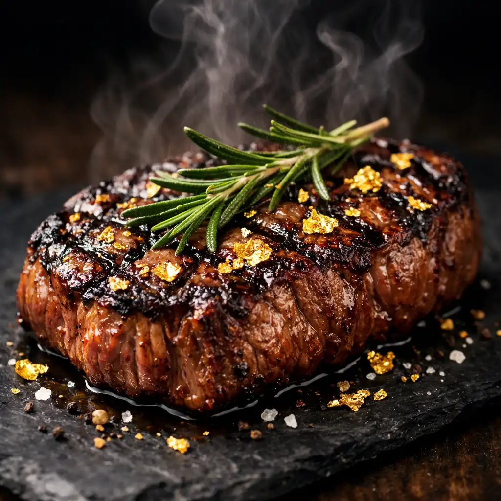Tökéletesen grillezett prémium steak sötét palatányéron rozmaringgal és arany díszítéssel