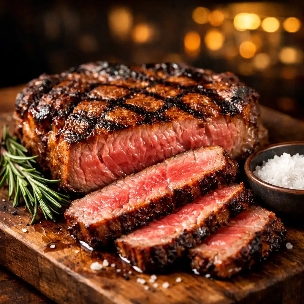 Wagyu ribeye steak grillezve, szeletelve, rozmaringszállal és füstölt sóval