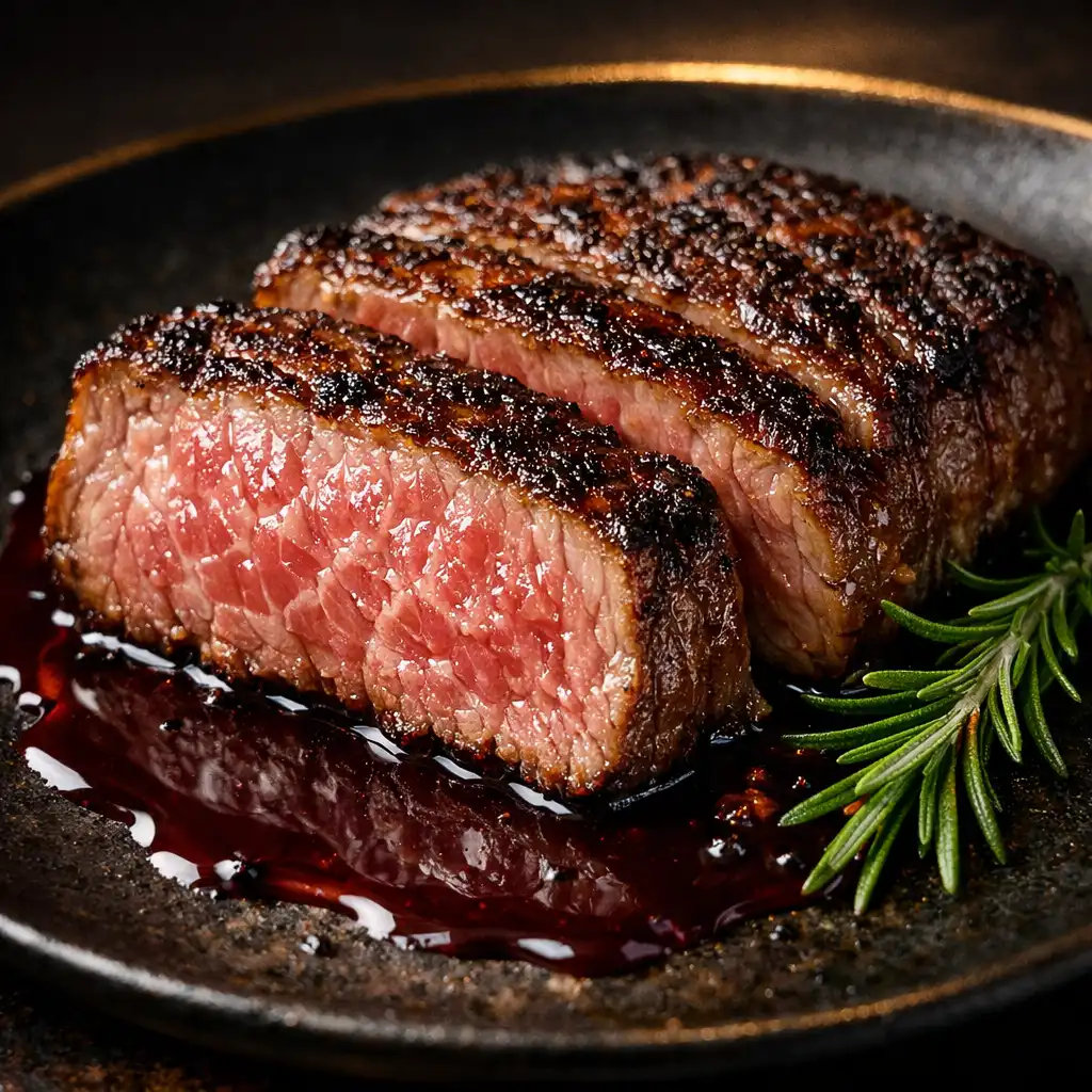 Szeletelt wagyu szűzpecsenye vörösboros jus-vel és rozmaringgal
